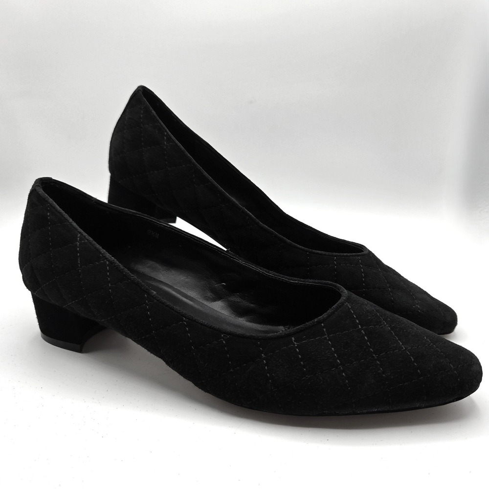 Vaneli Black Quilted Suede Block Heel Pumps Almond Toe Size 8.5M Career Office
